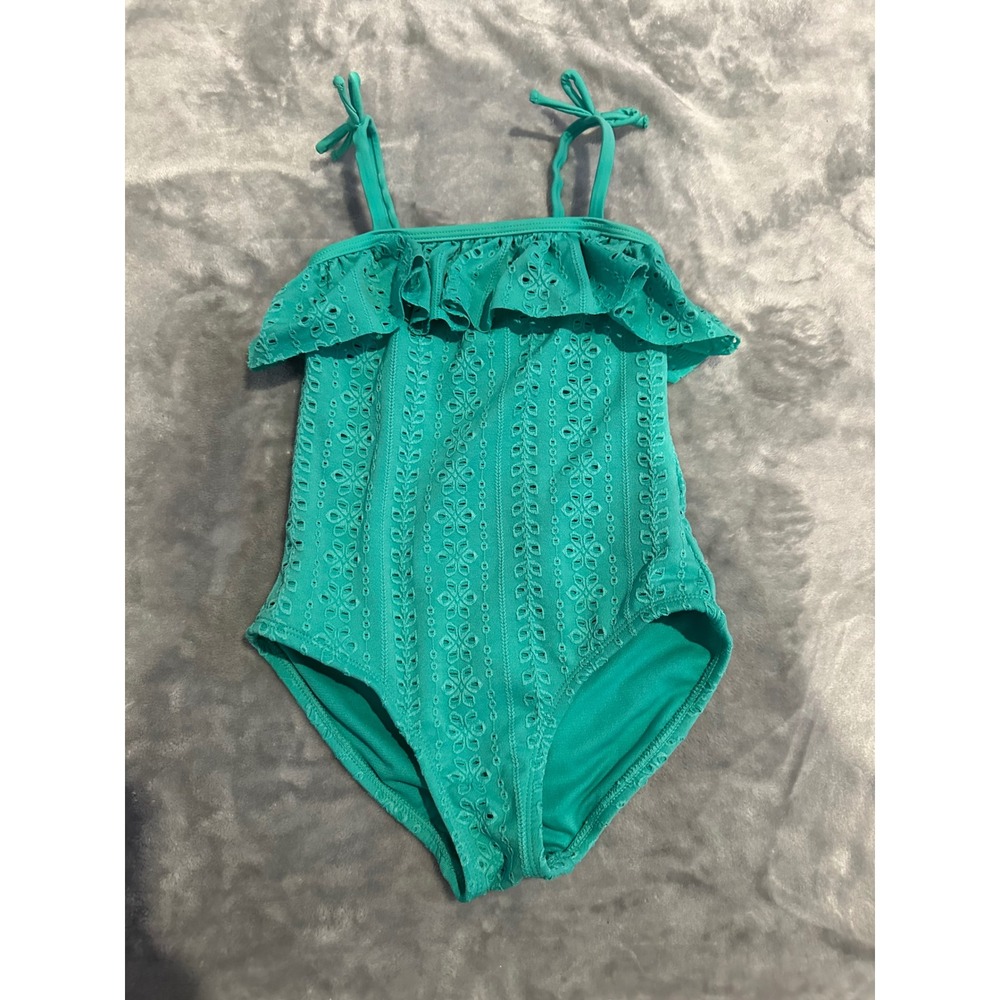Wonder Nation Swimsuit Girls‎ S 6-7 Teal Eyelet Ruffle One Piece Swim Suit